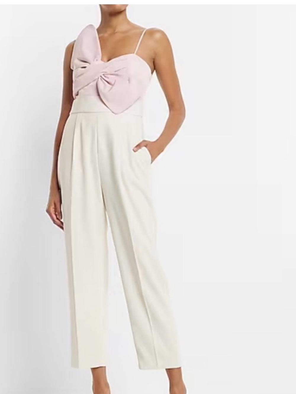 Express Pink Strap Spaghetti-Top Cream Tapered Jumpsuit with Bow